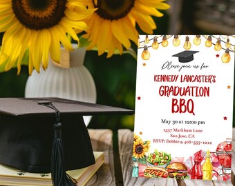 Editable Graduation BBQ Invitation Template Printable Sunflower Summer Grad Party Class Of 2024 Invite High School Or College Corjl RSGB