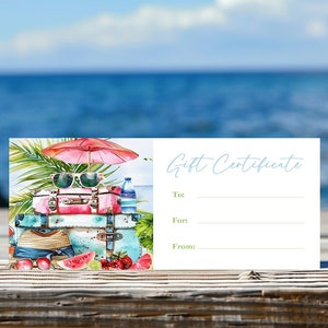 Modello modificabile di buono regalo per viaggi in spiaggia, coupon stampabile per vacanze alle Hawaii, Florida, Key West, California, Myrtle Beach, Corjl