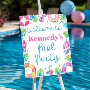 Welkomstbord zwembadfeest, bewerkbaar toegangsbord zwembadfeest, afdrukbare zwemfeestdecoraties, decor zomerzwembadfeest, Corjl, PBPP