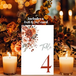 Terracotta Boho bewerkbare herfst bruiloft tabel nummer kaarten sjabloon afdrukbare herfst bruiloft receptie decor verbrand oranje groen Corjl TCBW