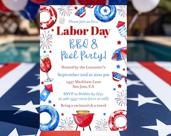 Editable Labor Day BBQ & Pool Party Invitation Template, Printable End Of Summer Party Invite, Labor Day Weekend Birthday Invitation, Corjl