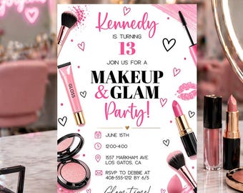 Plantilla de invitación para fiesta de maquillaje, invitación de cumpleaños glamurosa para chicas, fiesta de maquillaje para adolescentes, invitación editable de 5x7 en Canva, MKGL