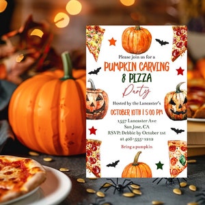 Pumpkin Carving & Pizza Invitation Template Editable Pizza and Pumpkin Decorating Birthday Party Printable Fall Family Night Invite Corjl