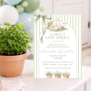 May include: A baby shower invitation with the text "A Sweet Little Sprout" in a soft green and white color scheme. The invitation includes details for the event, with a potted plant and balloons in the background.