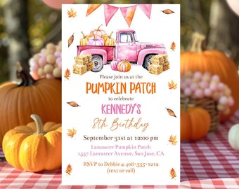 May include: A rectangular birthday invitation card featuring a watercolor illustration of a pink pickup truck carrying pumpkins, surrounded by hay bales and autumn leaves. The text reads: Please join us at the PUMPKIN PATCH to celebrate KENNEDY'S 8th Birthday, September 31st at 12:00 pm, Lancaster Pumpkin Patch, 1557 Lancaster Avenue, San Jose, CA, RSVP to Debbie @ 408-555-1212 (text or call).