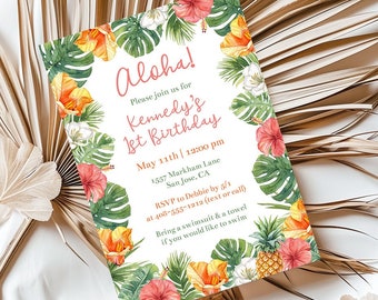 Editable Tropical Birthday Party Invitation Template, Luau Party Invite, Printable Hawaiian Tropical Summer Party Invitation, Corjl, TLUP