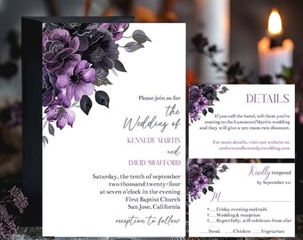 Editable Halloween Wedding Invitation Template Gothic Black Purple Floral Fall Wedding Suite Invite Details Card & Reply Card Corjl PBHW