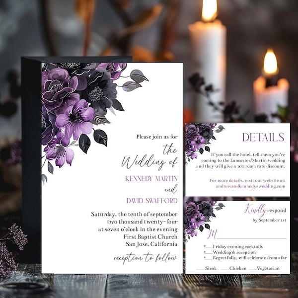 Editable Halloween Wedding Invitation Template Gothic Black Purple Floral Fall Wedding Suite Invite Details Card & Reply Card Corjl PBHW