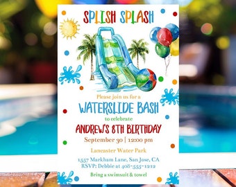 Editable Boys Waterslide Pool Party Invitation Template Waterslide Party Invite Printable Summer Birthday Party Water Slide Party Corjl PBPW