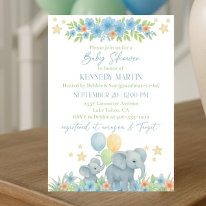 Editable Elephant Baby Shower Invitation Template Blue Floral Baby Shower Boy Baby Shower Invite It&#39;s A Boy Watercolor Mommy Baby Corjl EBFB