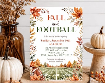 May include: A rectangular invitation card featuring the text FALL and FOOTBALL, with details for a watch party on September 10th at 4:00 pm. The design includes a watercolor border of autumn leaves and a football field graphic at the bottom.