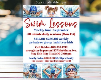 Editable Summer Swim Lessons Flyer Template, 8.5x11 Summer Swimming Lessons or Lifeguard on Duty Sign, Family Swim Night Flyer, Corjl