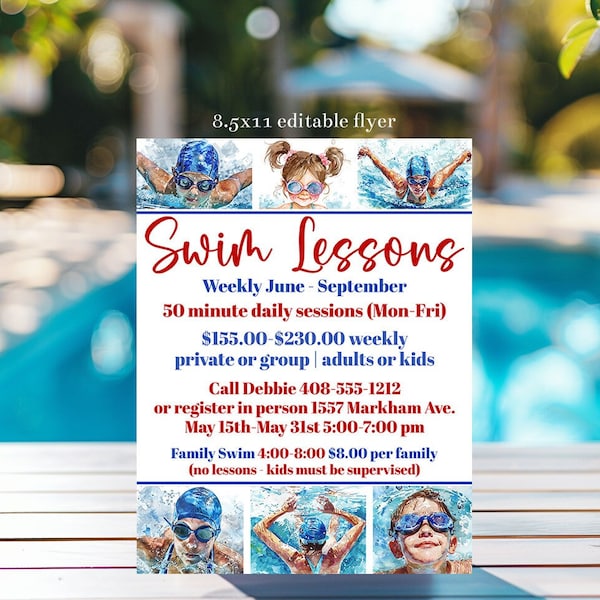 Editable Summer Swim Lessons Flyer Template, 8.5x11 Summer Swimming Lessons or Lifeguard on Duty Sign, Family Swim Night Flyer, Corjl