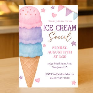 Editable Ice Cream Social Invitation Template, Watercolor Ice Cream Party Invite, All Text is Editable, Ice Cream Birthday Party, Corjl