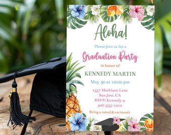 Editable Luau Graduation Party Invitation Template Tropical Grad Party Invite Hawaiian Theme Graduation Party High School College Corjl TLGP