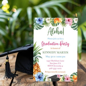Editable Luau Graduation Party Invitation Template Tropical Grad Party Invite Hawaiian Theme Graduation Party High School College Corjl TLGP