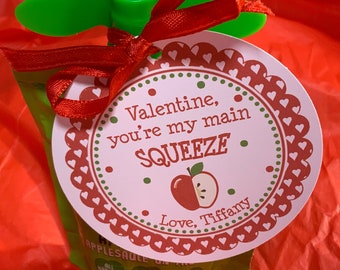 Valentine, You're My Main Squeeze Valentine's Day Tag, Applesauce Valentine Tag, Valentines for School, Kids Valentines, Applesauce Tag