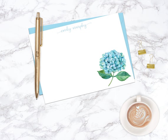 Blue Hydrangea, Personalized Stationery, Thank You Cards, Floral Botanical Note Cards, Bridesmaid Gift, Gifts for Women, Gardener Gift Il_570xn