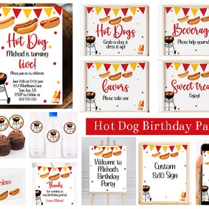 Paquet de fête d'anniversaire de hot-dog, panneau de bienvenue modifiable d'invitation de partie de hot-dog et décorations de partie, décorations de partie de BBQ, Corjl, HOTD
