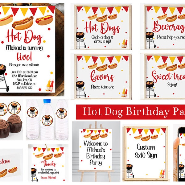 Hot Dog Birthday Party Bundle, Editable Hot Dog Party Invitation Welcome Sign and Party Decorations, BBQ Party Decorations, Corjl, HOTD