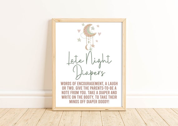 Moon and Stars Baby Shower, Late Night Diapers Sign, Baby Shower Game Sign, Gender Neutral, Boho Baby Shower, Bohemian, Celestial, MOST Il_570xn