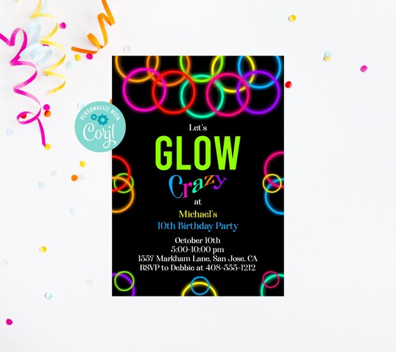 Editable Glow Party Invitation Template, Neon Party, Glow Crazy Invite ...