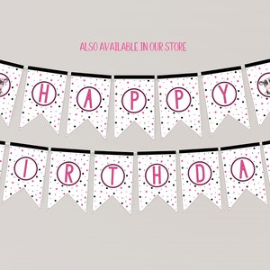 May include: A white and pink happy birthday banner with black polka dots. Each letter is in a pink circle with a black outline. The banner has cow illustrations on the ends.