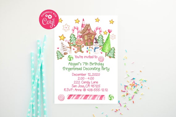 Editable Gingerbread Invitation, Gingerbread House Decorating Party, Winter Birthday, Corjl, Printable Invite, Digital Download, GBP Il_570xn