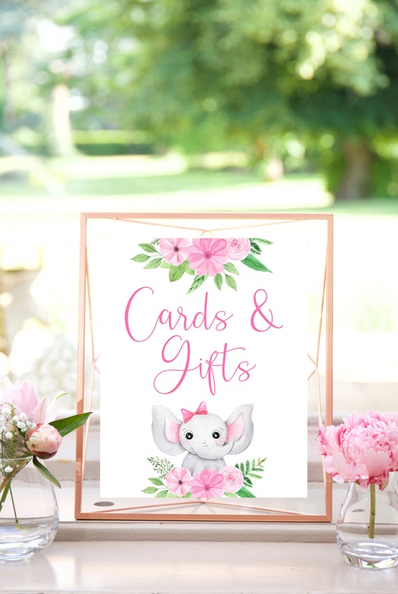 Cards and Gifts Sign, Elephant Baby Shower, Floral Baby Shower, Gift
