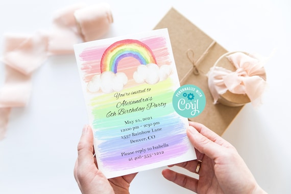 Editable Rainbow Party Invitation, Rainbow Birthday, Birthday Party Invite, Printable Invitation, Corjl, Invitation Template, Instant, RAWB Il_570xn