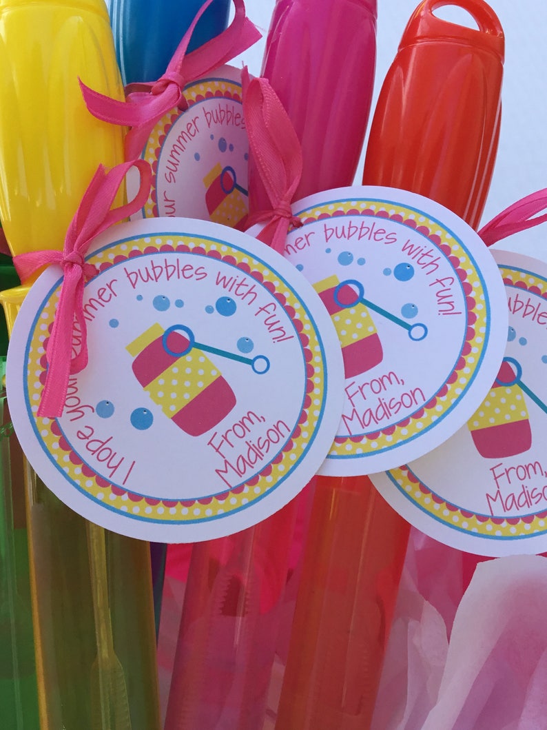 May include: A set of colorful bubble wands with attached tags that read "Summer bubbles with fun!" and "From, Madison".