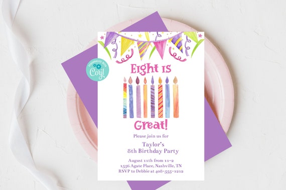 Editable 8th Birthday Invitation, Eighth Birthday, Eight is Great, Corjl,  Invitation Template, Printable Invitation, Instant Download, EIGB by Sweet  Party Wishes | Catch My Party