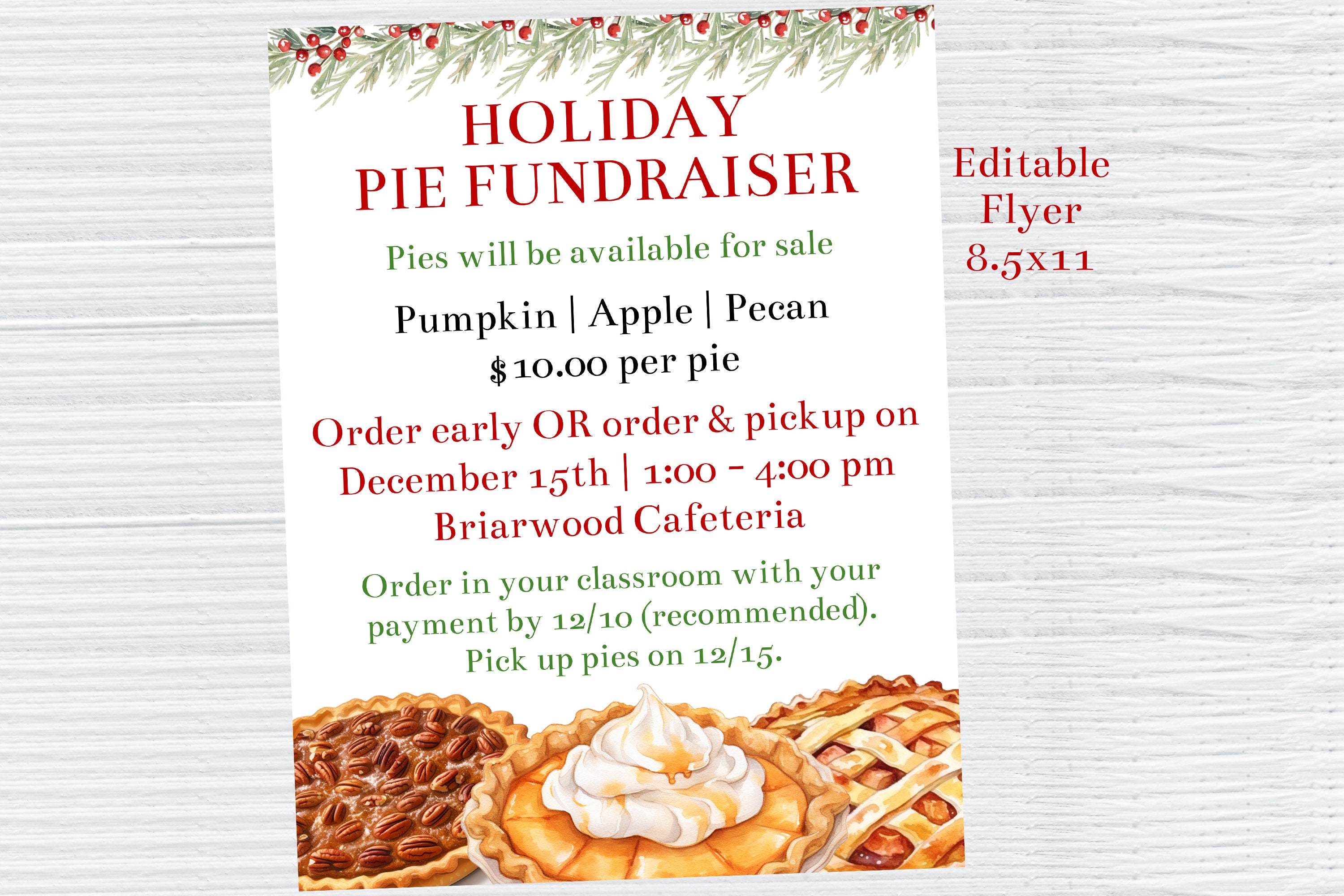 Editable Holiday Pie Fundraiser Flyer Template Printable Christmas ...