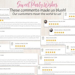 K&ouml;nnte beinhalten: Eine Collage von Kundenbewertungen f&uuml;r ein Partyzubeh&ouml;r-Unternehmen. Die Bewertungen sind positiv und heben die Qualit&auml;t der Produkte, die Schnelligkeit des Versands und den exzellenten Kundenservice hervor. Die Bewertungen werden auf einem hellrosa Hintergrund mit wei&szlig;em Rand angezeigt.