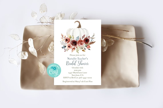 Editable Bridal Shower Invitation, White Pumpkin Floral Invitation, Fall Bridal Shower, Invitation Template, Wedding Shower, Corjl, WPBB Il_570xn