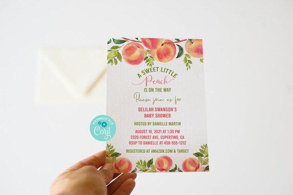 Editable Peach Baby Shower Invitation, Sweet Peach, Peaches Invitation, A Sweet Little Peach, Printable Invitation, Corjl, Template, SPBS Il_570xn