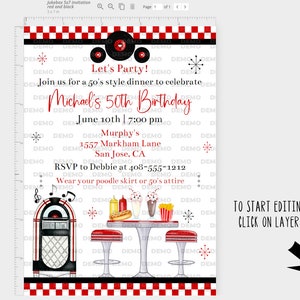 Editable 50's Birthday Party Invitation Template, 50's Party, Diner ...