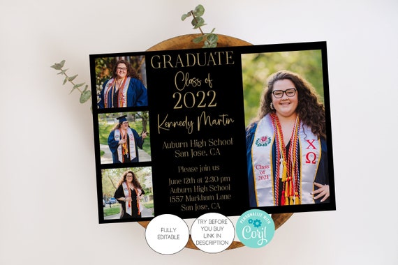 Fully Editable Graduation Party Photo Announcement Template, Graduation Party Invitation, Class of 2023, Black and Gold Invite, Corjl Il_570xn