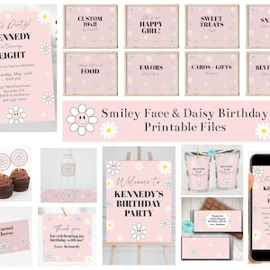 Editable Smiley Face and Daisy One Happy Girl Birthday Party Invitation Bundle, Printable Retro Smiley Face Party Decorations, Corjl, SMTE
