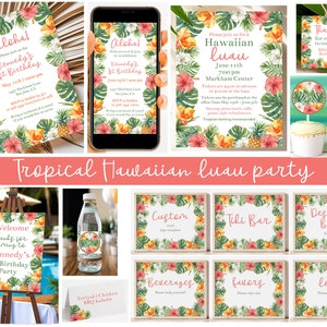 Editable Luau Hawaiian Tropical Party Bundle Printable Summer Luau, Anniversary Birthday or Graduation, Luau Party Decorations Corjl TLUP