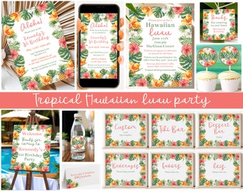 Editable Luau Hawaiian Tropical Party Bundle Printable Summer Luau, Anniversary Birthday or Graduation, Luau Party Decorations Corjl TLUP