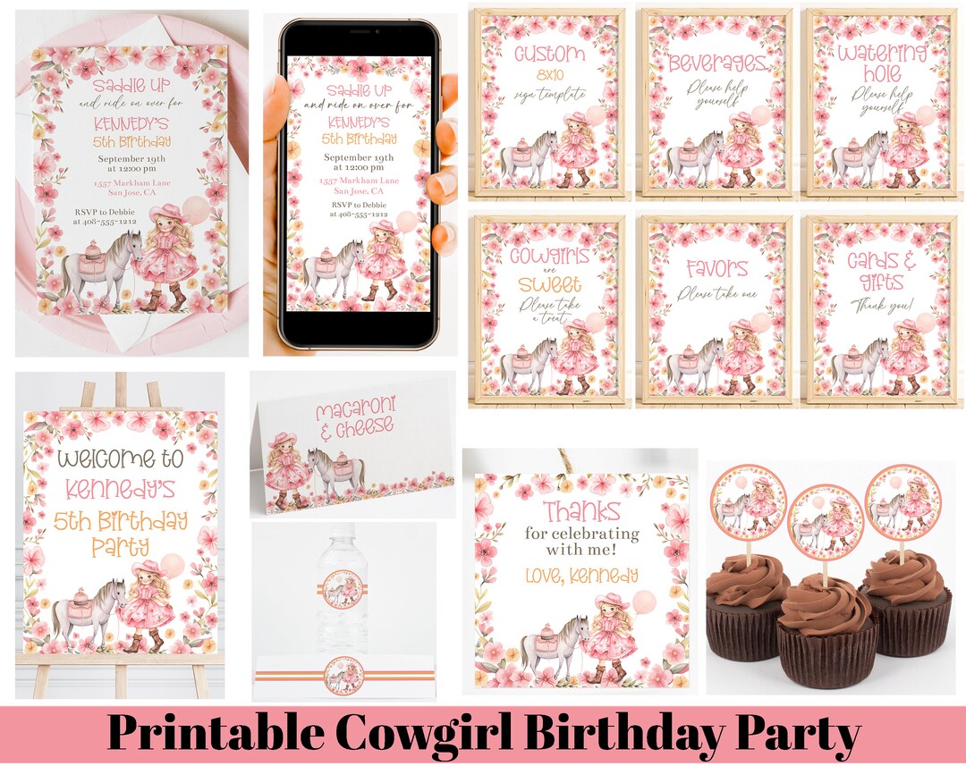 Editable Pink Floral Cowgirl Birthday Party Bundle, Printable Cowgirl ...