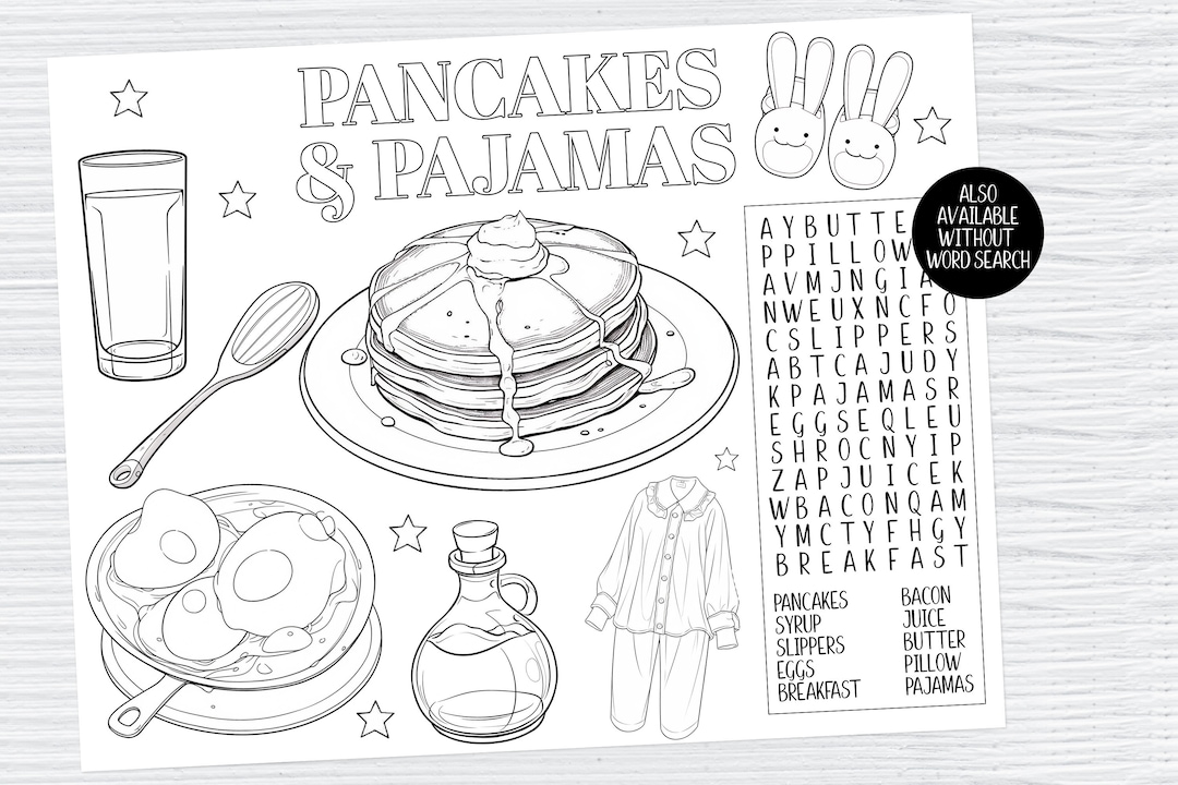 Printable Pancakes and Pajamas Coloring Sheet and Word Search or