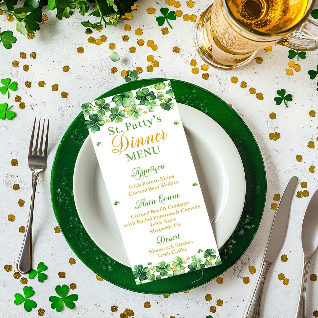 Editable St Patrick's Day Dinner Menu Card Template, St Pat's Party Dinner Party, Printable St Patty's Day Luncheon Table Decorations, Corjl