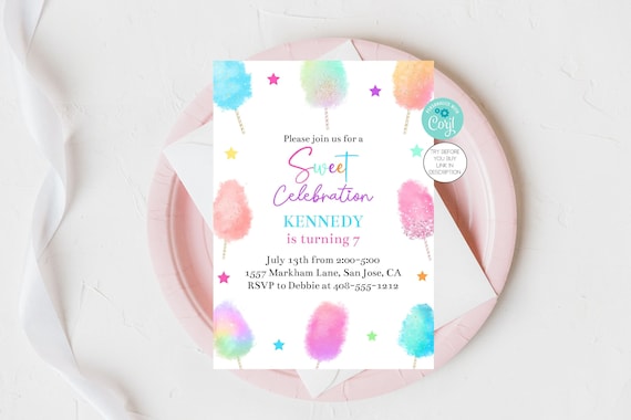 Cotton Candy Invitation Cotton Candy Party Sweet Celebration Kids Birthday Invite Candy Shop Candy Invitation Corjl Editable Template Il_570xn