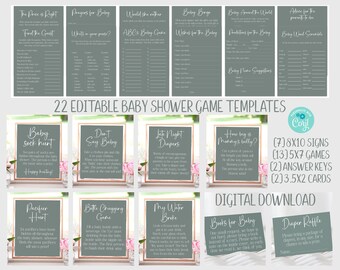 Sage Green Baby Shower Game Bundle Templates, 22 Editable Games and Signs, Minimalist Baby Shower, Printable Baby Shower, Corjl, SGBS