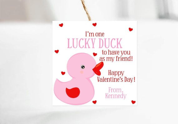Printable I'm One Lucky Ducky To Have You As My Friend Tag, Pink and Red Rubber Ducky Valentine For Preschool or Daycare or Toddlers, Corjl Il_570xn