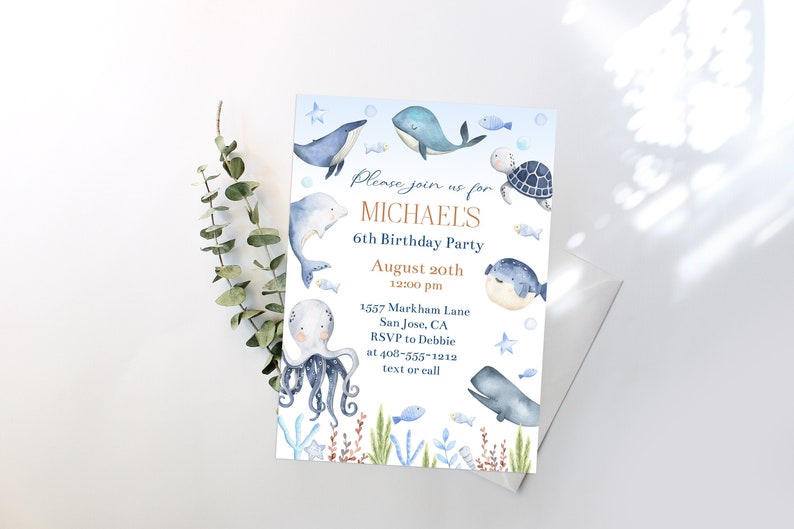 Ocean and Sea Birthday Invitation, Printable Sea Animals Whale Shark Octopus Birthday, Sea Creatures Editable Ocean Animals, Corjl, USCE image 1