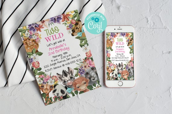 Editable Two Wild Birthday Invitation, 2nd Birthday, Safari Animals, Jungle Birthday, Safari Birthday, Corjl, Instant Download, TWPB Il_570xn