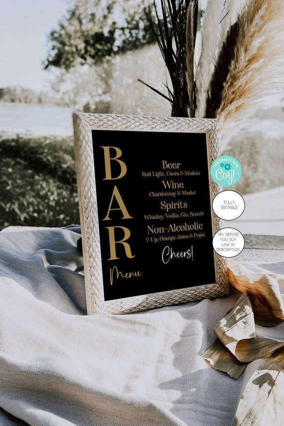 Fully Editable Bar Menu Sign Template, Black and Gold, Minimalist Bridal Shower, Modern Wedding Decorations, Corjl, Printable Bar Sign Il_570xn